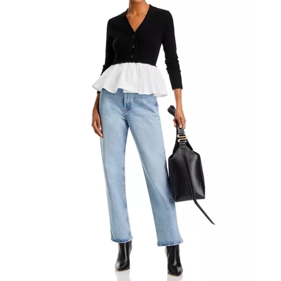 Aqua Cashmere Peplum Cardigan Sweater Button-Down Top Black White S - Picture 3 of 10